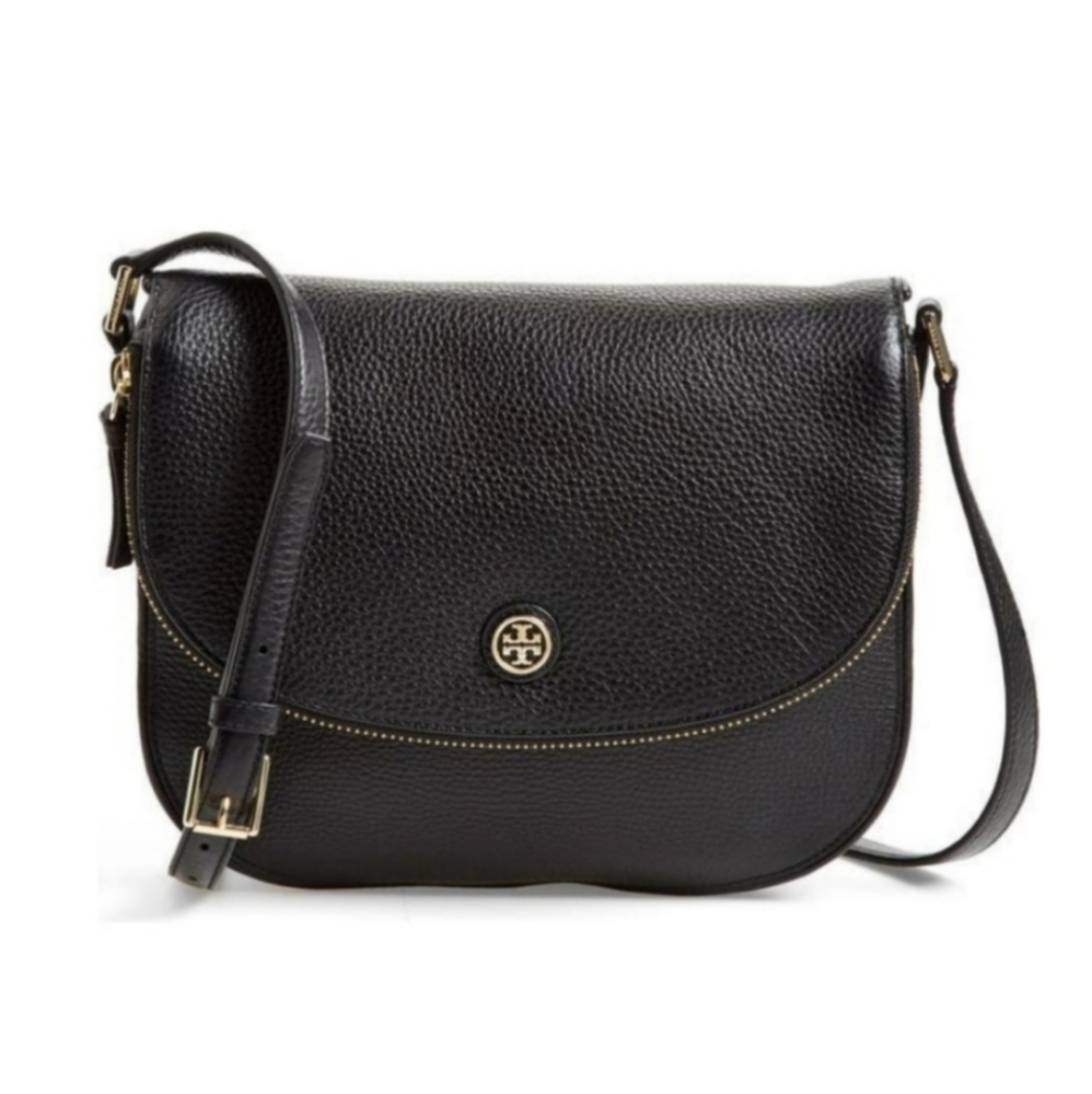 Tory Burch Robinson Black Pebbled Leather Saddle Messenger Crossbody Bag